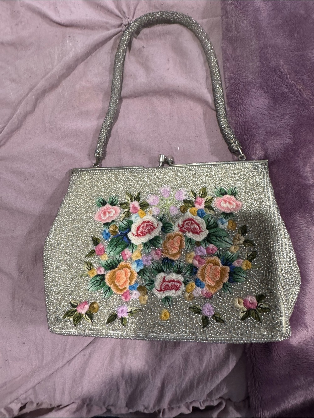 Embellished Silver Floral Beaded Handbag